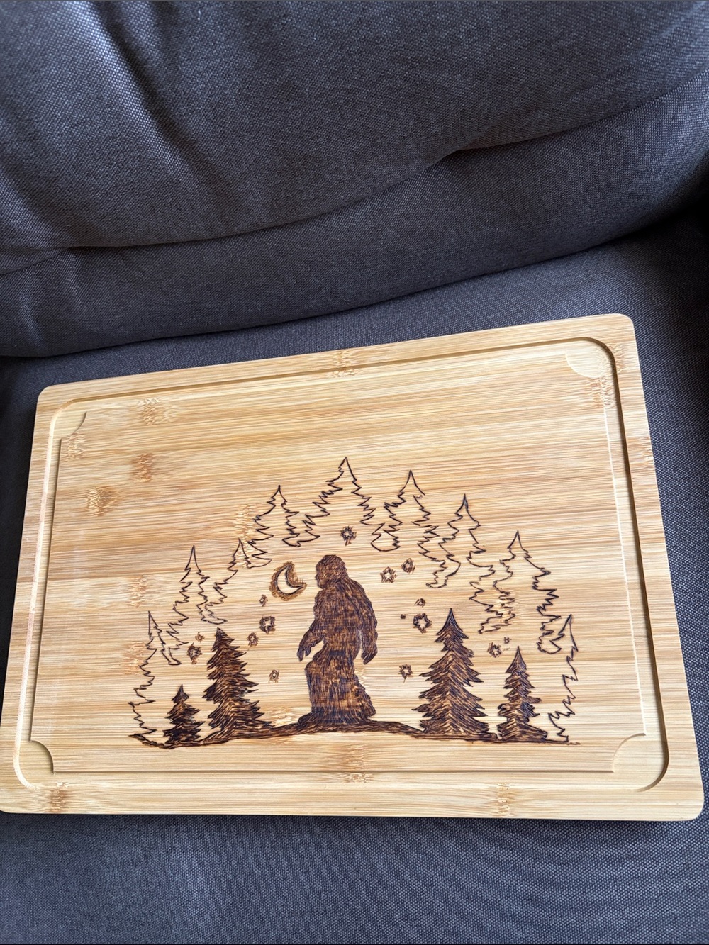 Hand Crafted Bamboo Cutting Board with Forest Sasquatch Bigfoot design